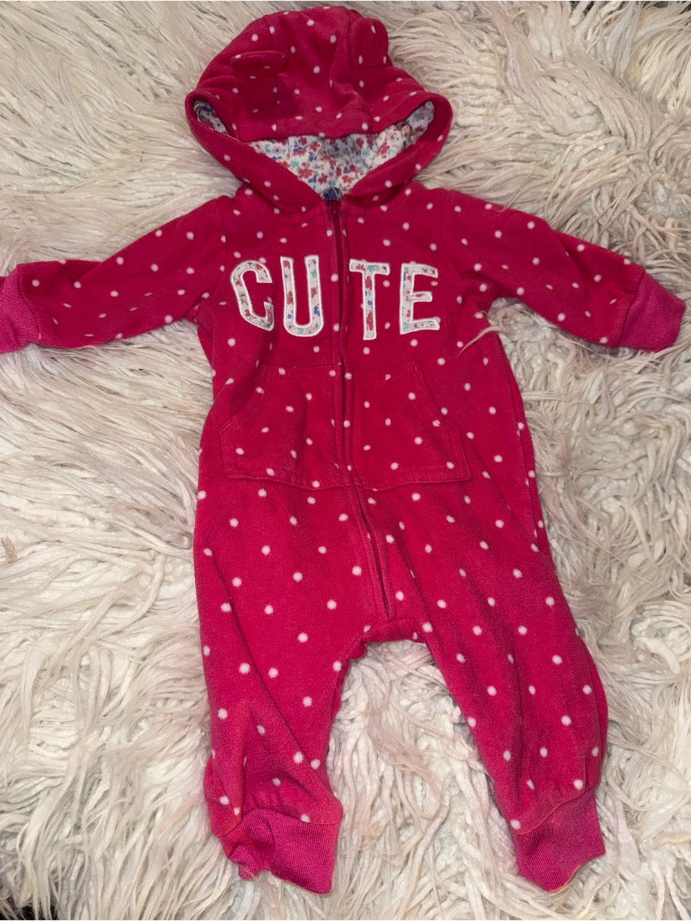 Carter's Pink Polka Dot Hooded One-Piece with 'CUTE' Graphic